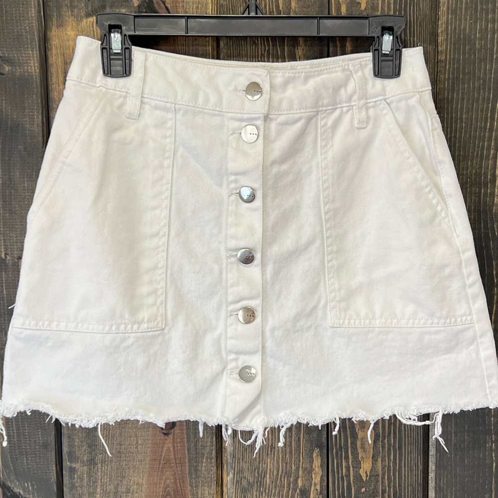 TGLA White Denim Mini Skirt Size S Button Front Raw Hem Frayed Boho Festival